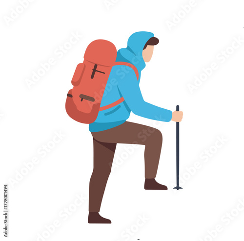 Adventurous hiker with backpack and trekking poles ascends a mountain trail, embracing the spirit of exploration and outdoor adventure