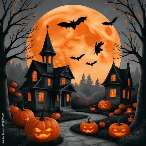 halloween background with pumpkin and bats