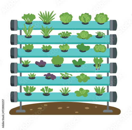 Modern Vertical Hydroponic Farming System with Various Fresh Vegetables Growing in an Efficient Indoor Garden, Illustrating Sustainable Urban Agriculture and Healthy Food Production