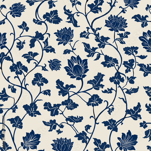 Cobalt blue floral seamless pattern, traditional porcelain inspired design
