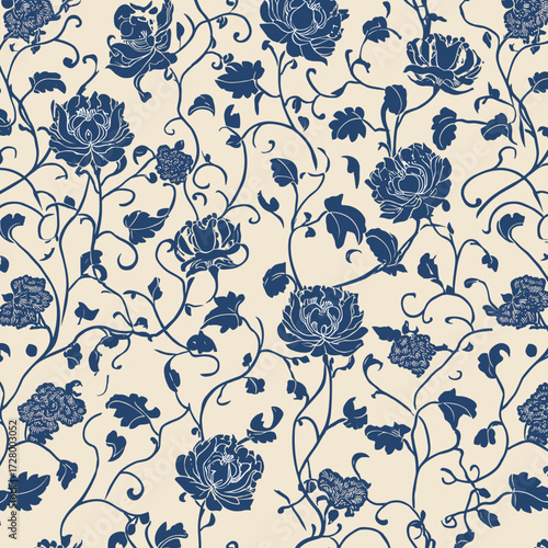 Cobalt blue floral seamless pattern, traditional porcelain inspired design