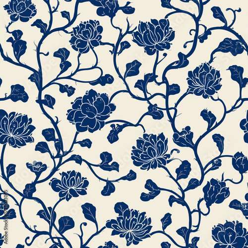 Cobalt blue floral seamless pattern, traditional porcelain inspired design