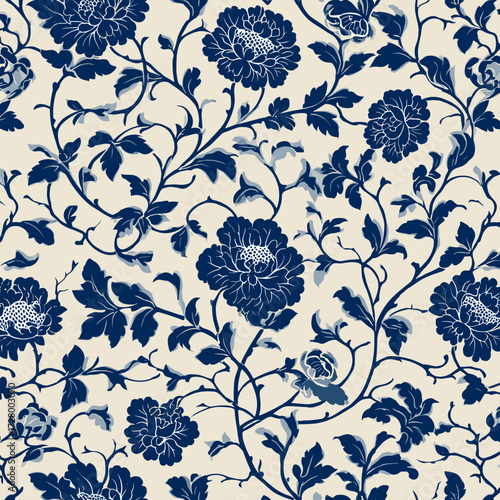 Cobalt blue floral seamless pattern, traditional porcelain inspired design