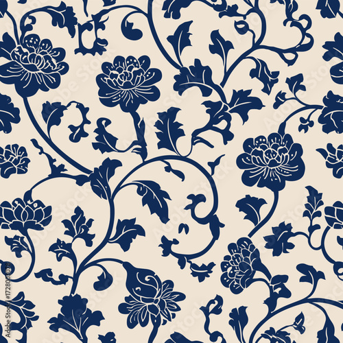 Cobalt blue floral seamless pattern, traditional porcelain inspired design