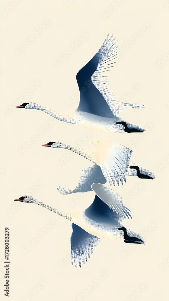 Obraz premium Three white swans flying together minimal flat art for phone wallpaper
