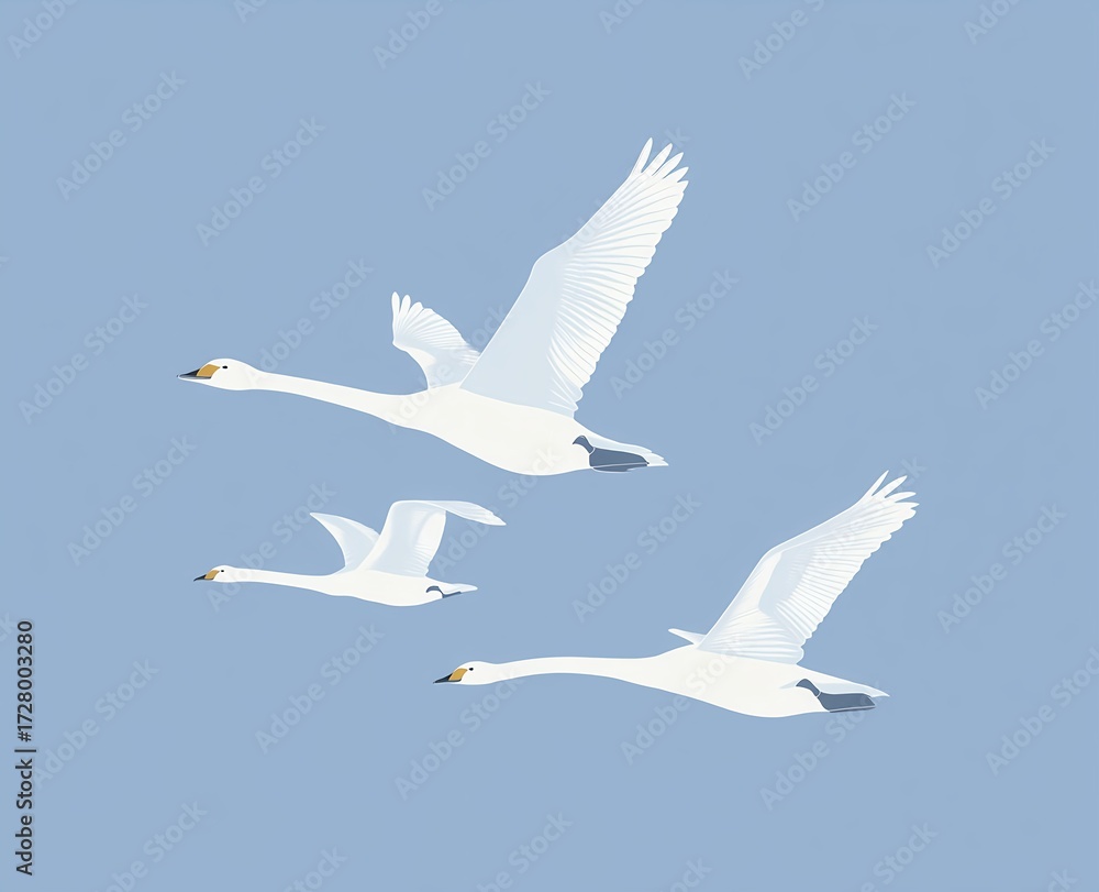 Obraz premium Elegant risograph inspired minimalist artwork of swans in flight designed with clean silhouettes and limited color palette