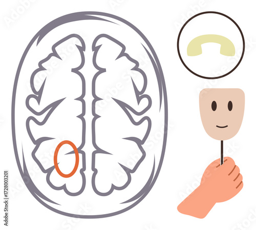 Brain cross-section with highlighted region, hand holding face mask, focus on facial recognition and cognition processes. Ideal for neuroscience, psychology, identity, behavior analysis, learning