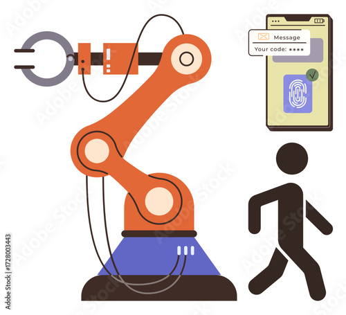 Robotic arm performing tasks, smartphone with security code, and walking human. Ideal for automation, robotics, security, industry, innovation digital process and access control concepts. Simple