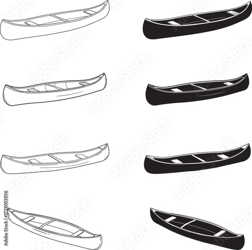 Collection of canoe and kayak silhouettes and line drawings