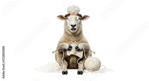 A sheep knits with needles and yarn against a white background.