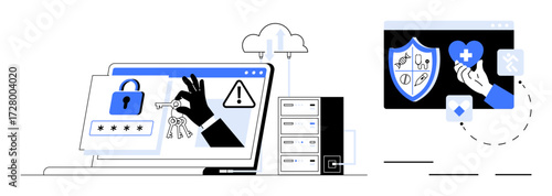 Laptop with lock icon, hand holding keys, cloud and server showing login process. Separate screen shows shield with healthcare symbols. Ideal for security, data protection, healthcare, digital