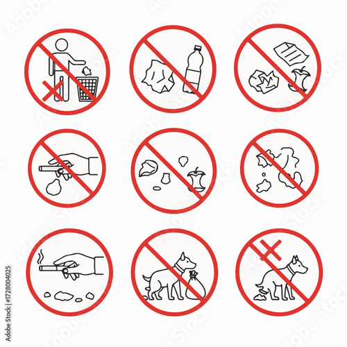Collection of Public Prohibition Signs for Cleanliness and Responsible Behavior