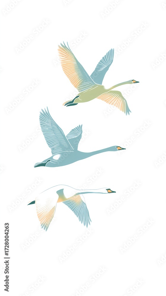 Obraz premium Three white swans flying together minimal flat art for phone wallpaper