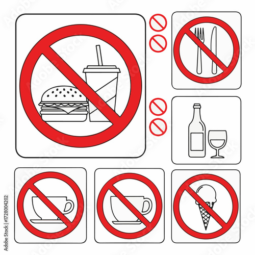 Collection of No Food and Drink Signs with Burger, Soda, Coffee, Cutlery, and Ice Cream