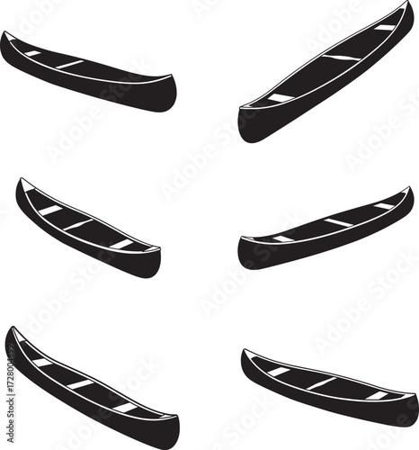 Collection of six sleek black canoes displayed from multiple angles