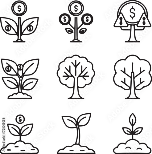 Collection of nine icons depicting money growth and trees investment finance