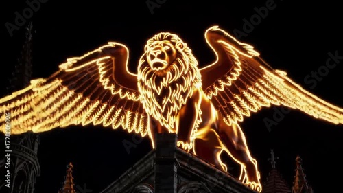 Golden Winged Lion Statue atop a Gothic Building against a Night Sky