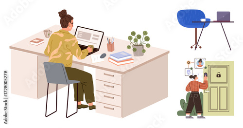 Woman working at laptop in organized home desk, houseplant and books on desk, separate workstation setup, and individual managing security access. Ideal for productivity, time management