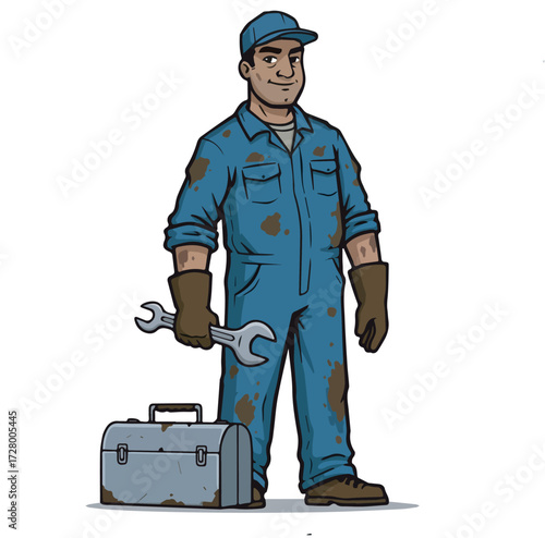 Mechanic Standing Proudly Holding a Wrench and Toolbox, Representing the Skilled Trades