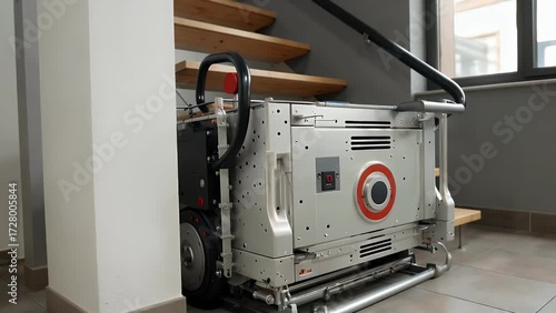 Detailed Close-Up View of Motorized Stairway Chair Lift Unit Positioned at the Base of Flight of Indoor Steps