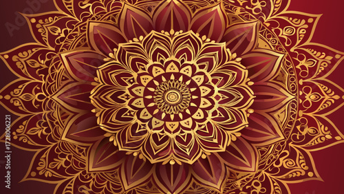 Golden mandala design on a dark red gradient background