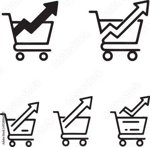 Shopping cart icons with upward trending graphs and arrows Keywords: shopping cart, trolley, grocery cart