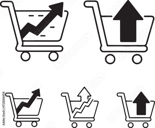 Shopping cart icons with upward trending graphs and arrows on white background Keywords: shopping cart