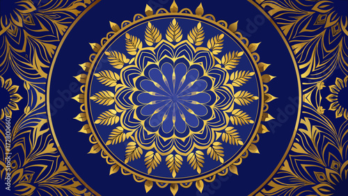 Ornate golden floral mandala on a dark blue background