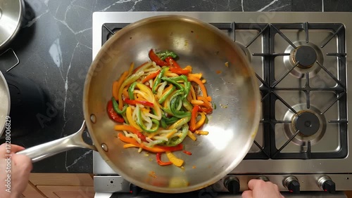 Culinary expert flipping multicolored veggies in round cooking pan vertical close up slow motion
