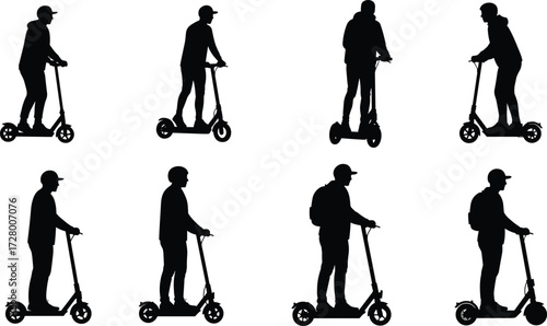 Silhouette set of people riding electric scooters, modern eco transport, city commuting, personal mobility, urban lifestyle, outdoor travel, sustainable transportation