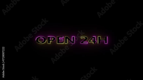 cyan and yellow color glowing neon open 24h text animation on black background.