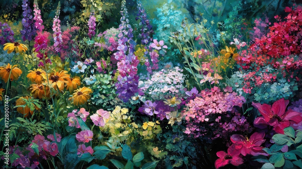 Obraz premium Lush Floral Paradise - A Vibrant Garden Bursting with Colorful Blooms and Textures.