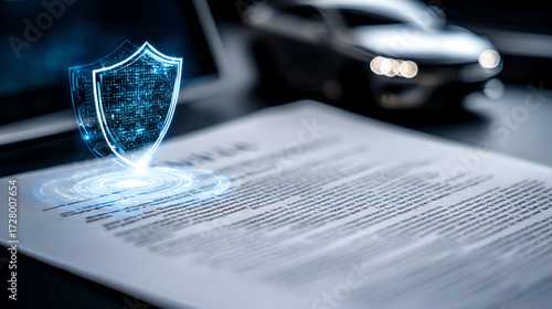 A glowing blue shield icon over an insurance document, with a blurred car model in the background.