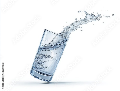 A tilted glass of water with dynamic splashes captured mid-motion against a stark white background.