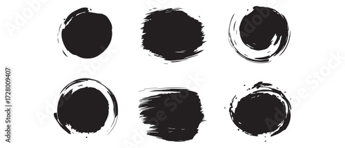 Six black brush strokes create diverse circular and square shapes on a white background