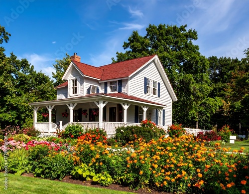 Charming white house with vibrant garden