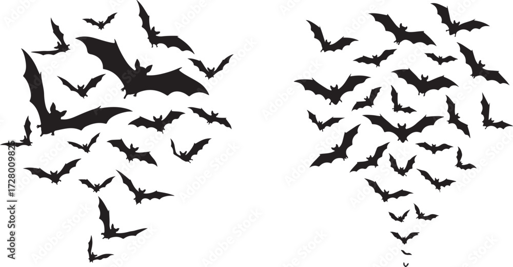 Naklejka premium Two Swarms of Black Bat Silhouettes Flying in Formation on a White Background