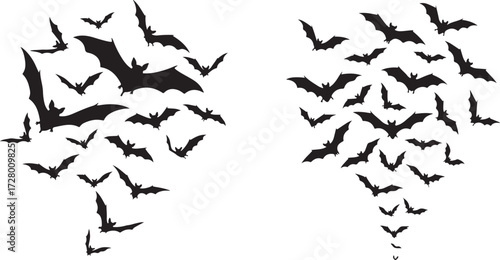 Two Swarms of Black Bat Silhouettes Flying in Formation on a White Background