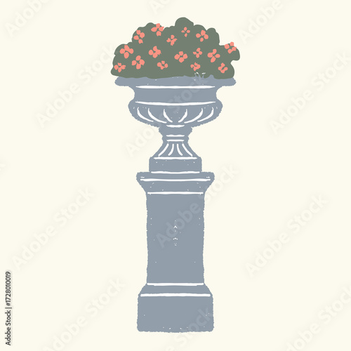 Hand-drawn gray stone vase with flowers, vintage vector illustration