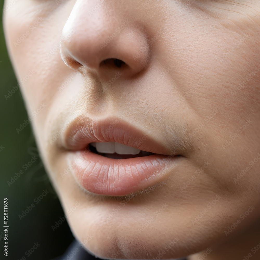 Fototapeta premium Close-up of human nose during inhalation, capturing the subtle rise and fall of breath, symbolizing life's delicate balance and the continuous cycle of existence.