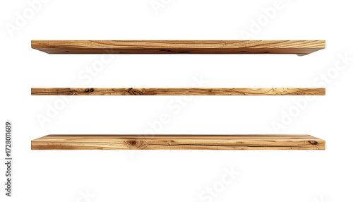 Three horizontal wooden shelves against a black backdrop, showcasing natural wood grain patterns and textures.