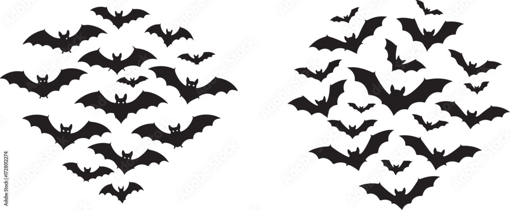 Fototapeta premium Black Bat Silhouettes Swarm Flying on White Background
