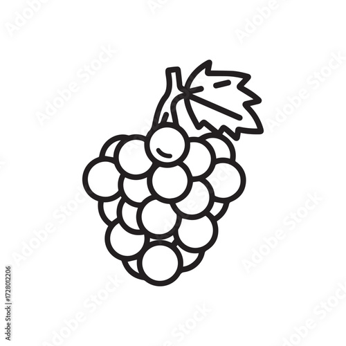 Simple bunch of grapes with leaf in black outline displays against white background