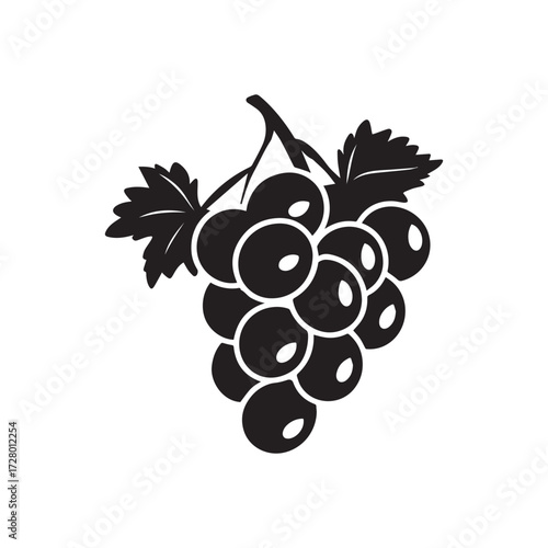 Black grapes icon with leaves illustrate fresh fruit and healthy eating on white background