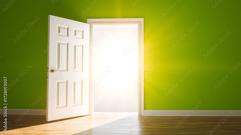 Fototapeta premium In this image, bright and fresh green walls are complemented by an open white door, through which dazzling light shines through
