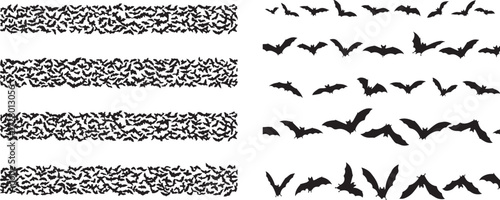 Set of Flying Bat Silhouettes, Swarm Borders and Individual Icons