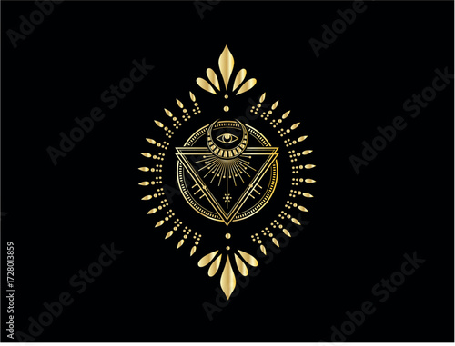 Ornate golden mystical emblem with eye and celestial elements emblem,