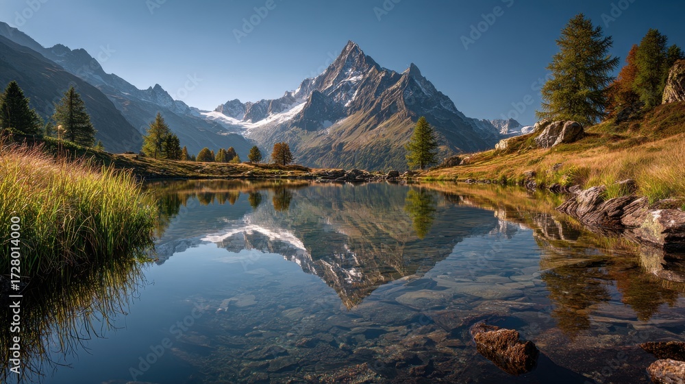 Obraz premium Majestic Mountain Peak Reflected in Tranquil Lake Under Clear Blue Sky.