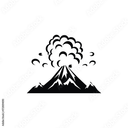 Volcano erupts powerfully creating steam with a distinctive mountain peak silhouette on white background