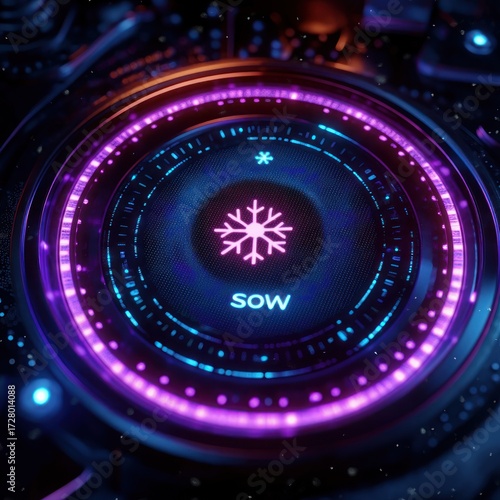 Futuristic circular digital interface with glowing purple and blue light rings centered on a snowflake icon and the word 'SOW' surrounded by intricate tech patterns